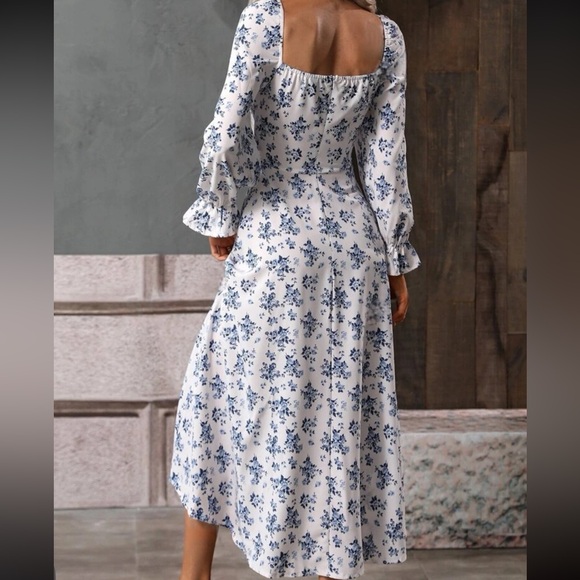 Boho floral ruffle split thigh square neck maxi dress white - Picture 3 of 8